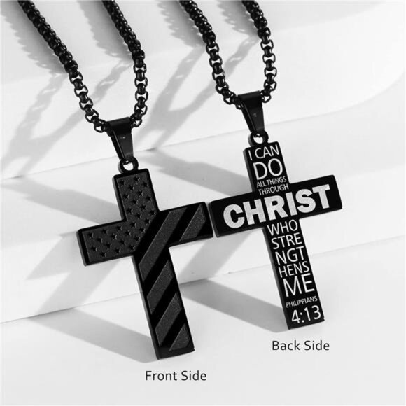 Black American Flag Christ Cross Necklace Men Stainless Steel Box Chain 22 inch - Picture 2 of 7